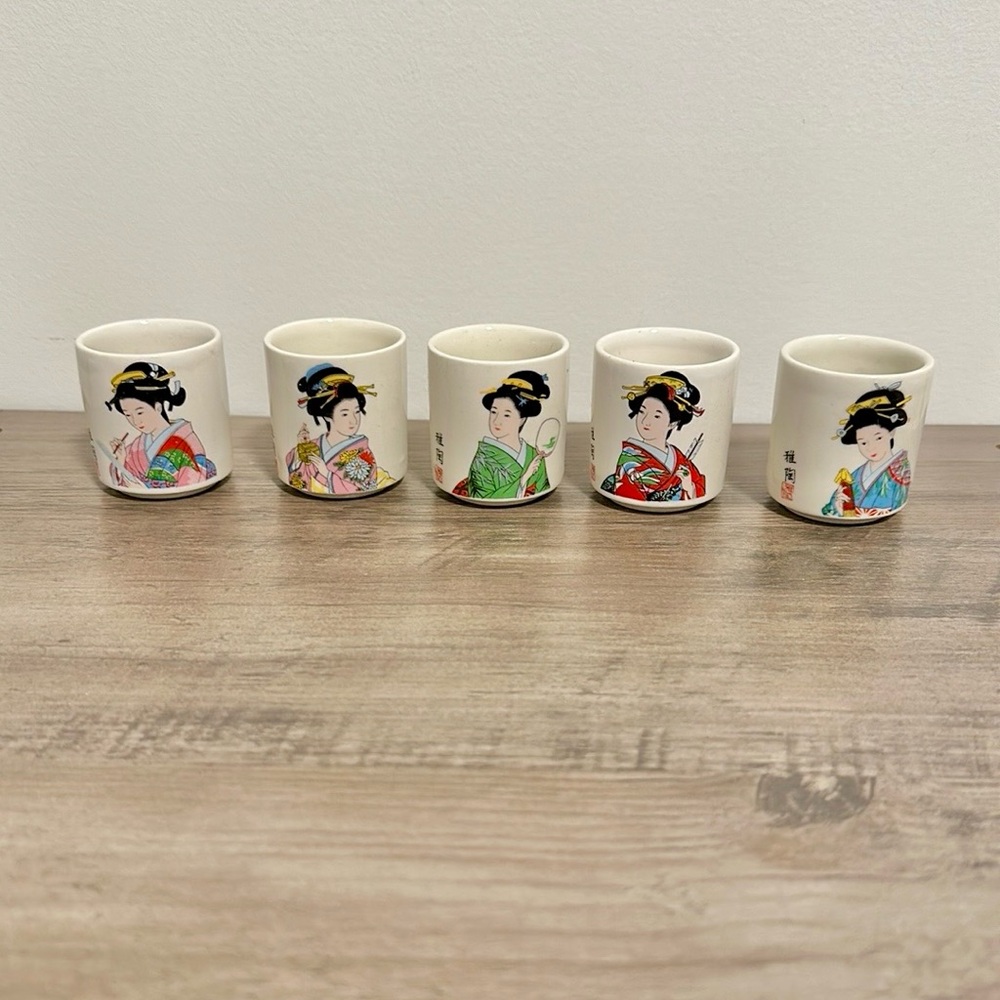 Set of 5 Japanese Geisha Ceramic Cups